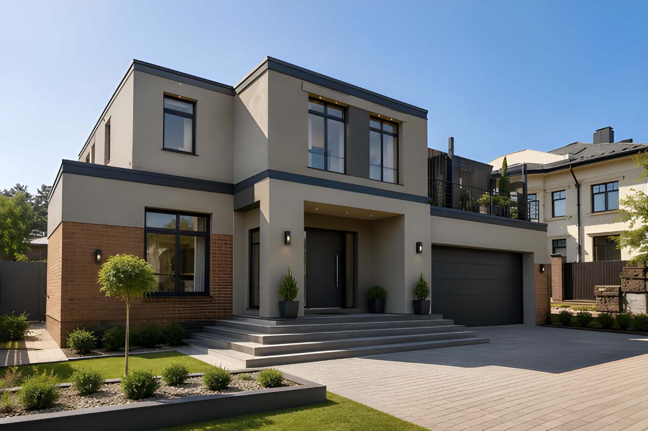 Completed modern double-storey residence with driveway, landscaping and charcoal detailing